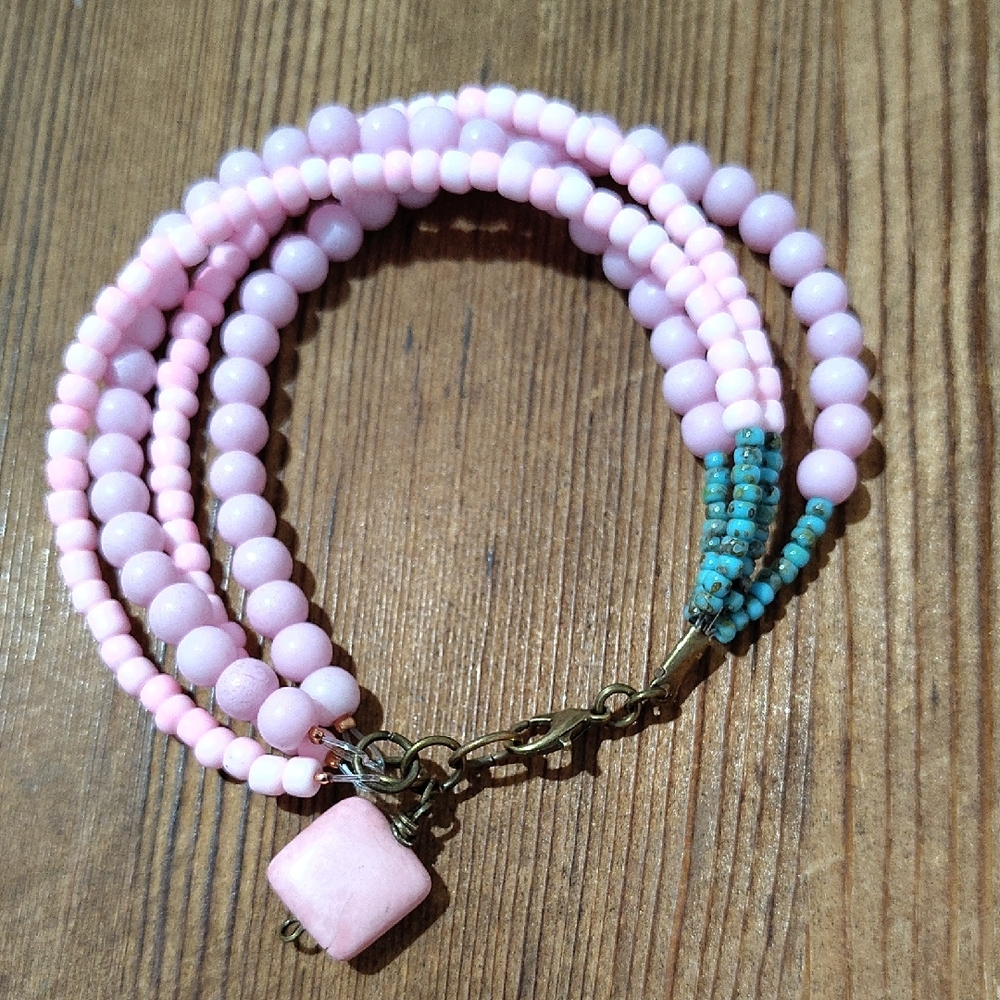 Pink and Turquoise Multi Strand Ladies Beaded Bracelet, Handmade Ladies Bracelet - Picture 2 of 6